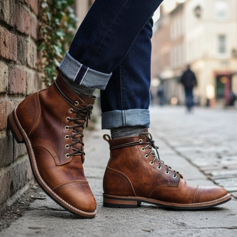 Men's Cap Toe Leather Ankle Boots