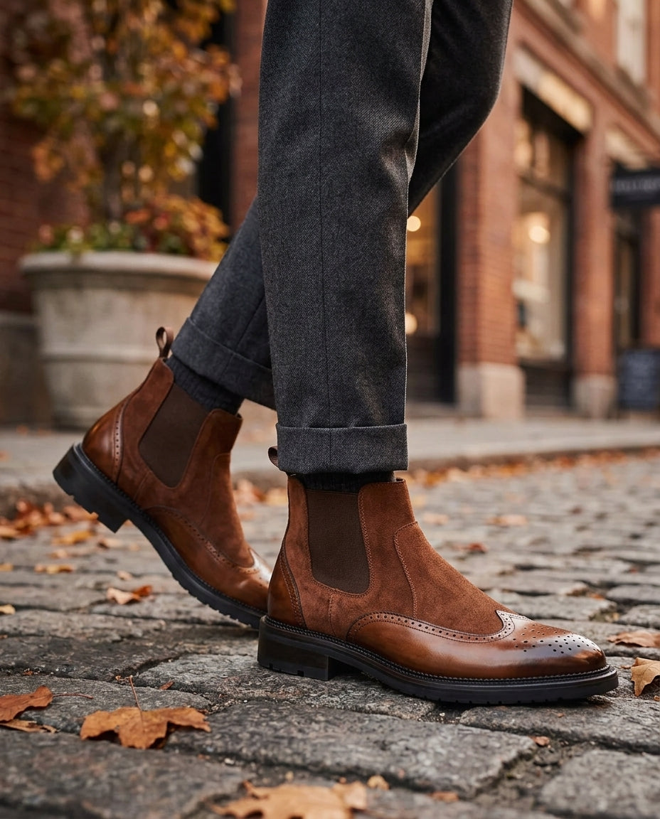 Men's Suede Wingtip Chelsea Boots